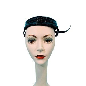 Vintage 1950s Patent Hat Black Bow & Feather Shiny Beret